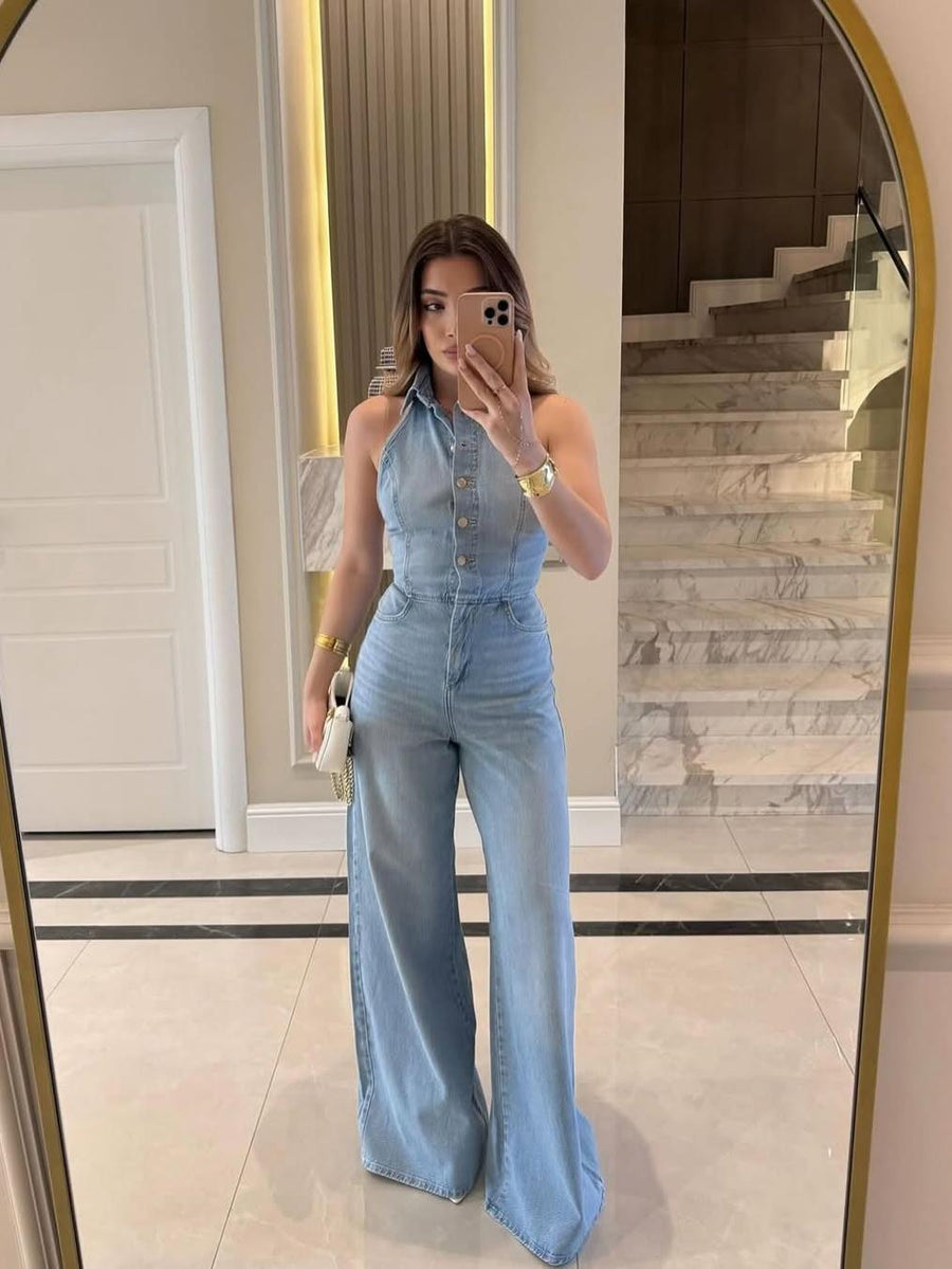 Halterneck Backless Denim Jumpsuit