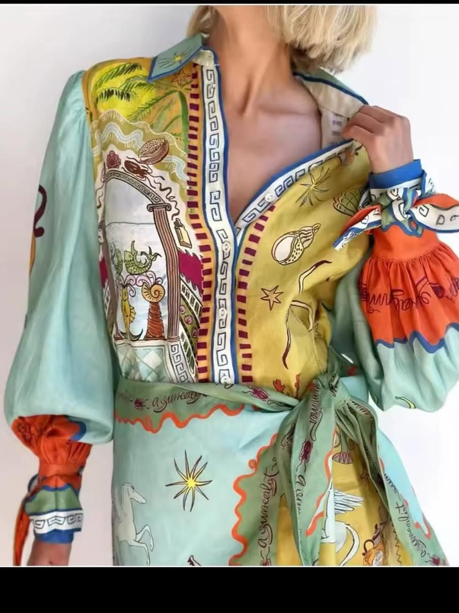 Vintage Lobster Print Puff Sleeve Wrap Short Dress