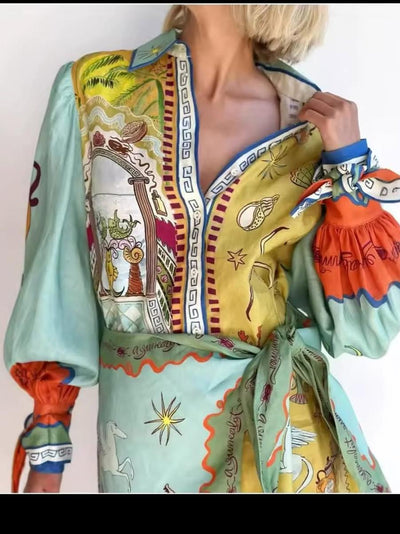 Vintage Lobster Print Puff Sleeve Wrap Short Dress