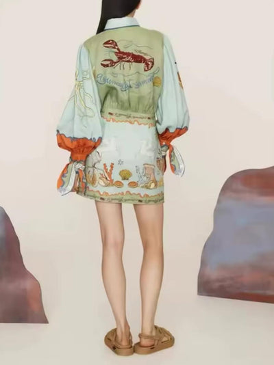 Vintage Lobster Print Puff Sleeve Wrap Short Dress