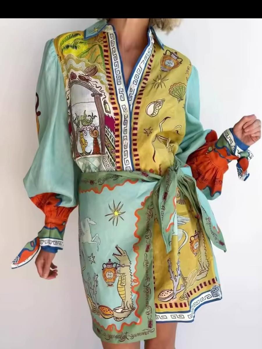 Vintage Lobster Print Puff Sleeve Wrap Short Dress