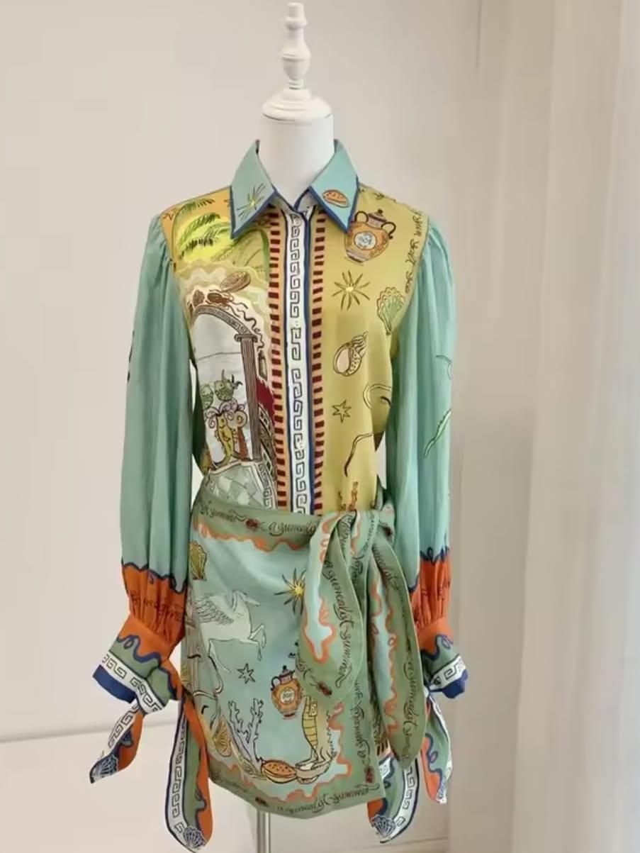 Vintage Lobster Print Puff Sleeve Wrap Short Dress