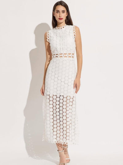 Crew Neck Laser Sleeveless Slit Maxi Lace Dress