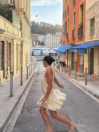 Halterneck Pleated Texture Short Dress