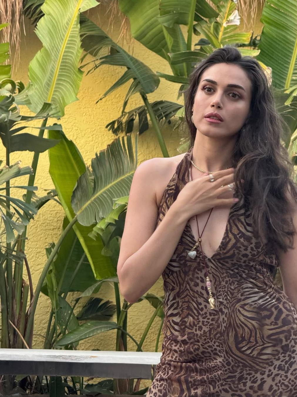 Halterneck Backless Wide Leg V Neck Animal Print Jumpsuit