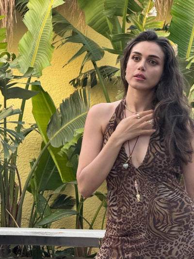 Halterneck Backless Wide Leg V Neck Animal Print Jumpsuit