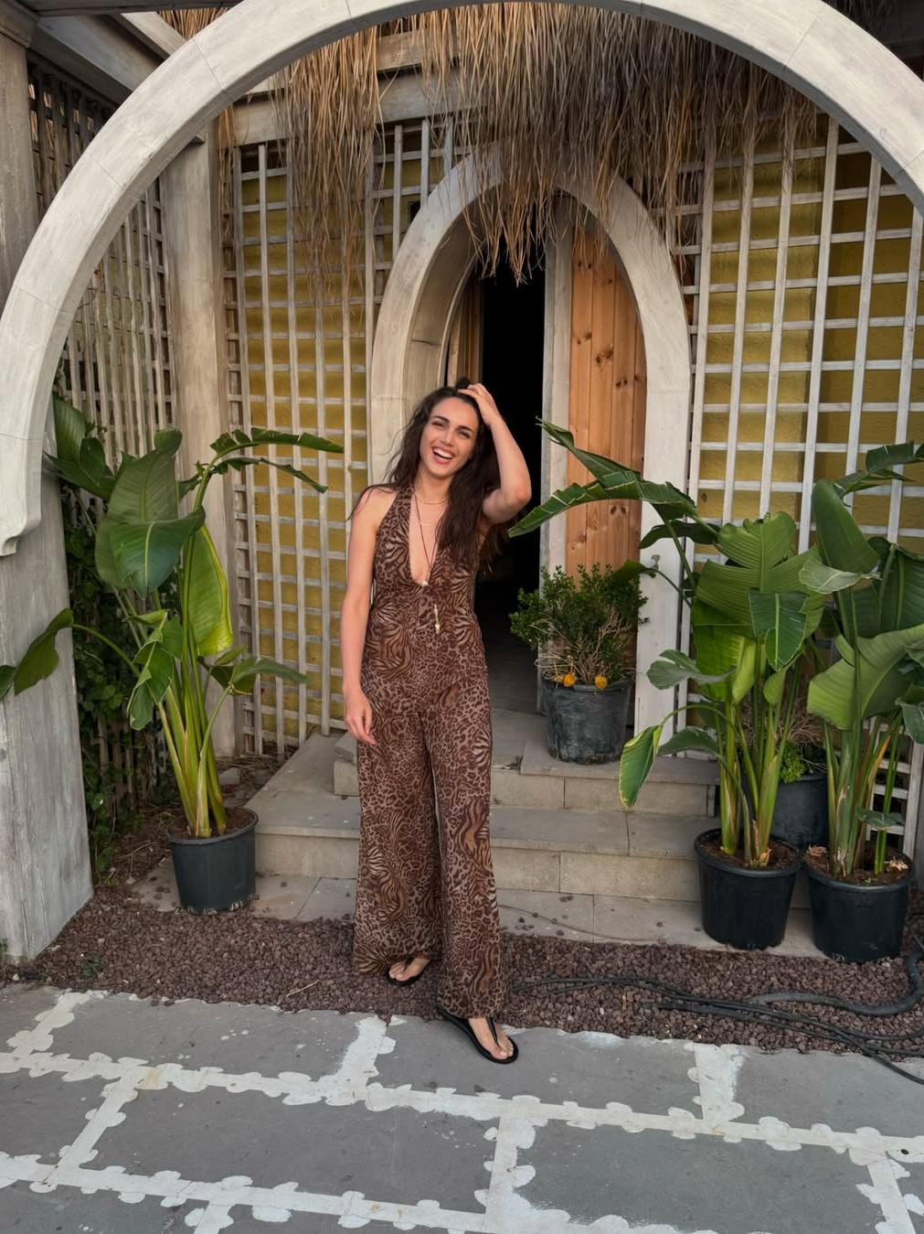 Halterneck Backless Wide Leg V Neck Animal Print Jumpsuit