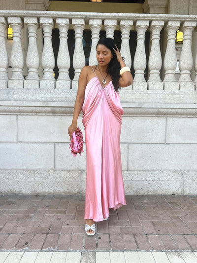 Spaghetti Strap V Neck Draped Ruffle Dress