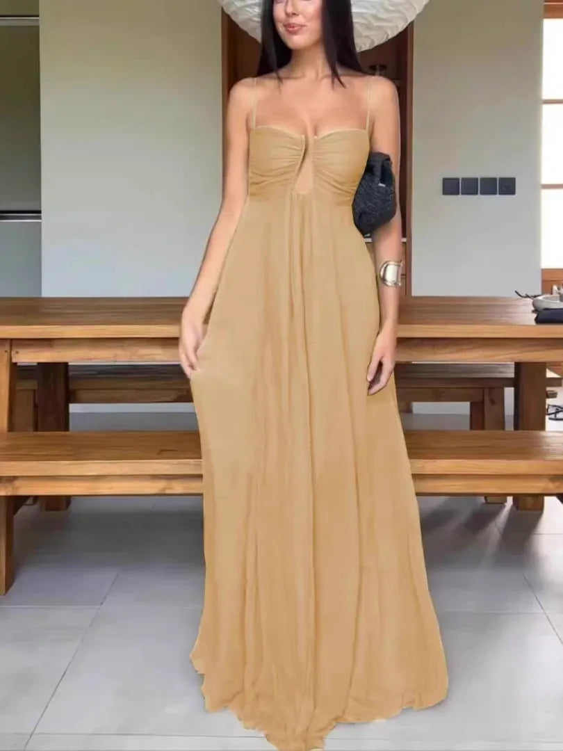 Juliana Deep Neck Applique Spaghetti Strap Maxi Dress