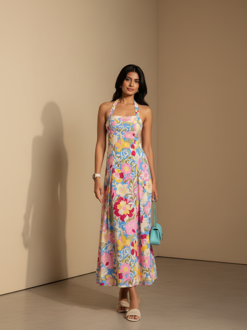 Floral patterned halterneck maxi dress by Exclusives, vibrant pink, blue and yellow print, on sale