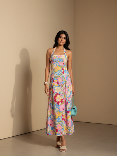 Floral patterned halterneck maxi dress by Exclusives, vibrant pink, blue and yellow print, on sale