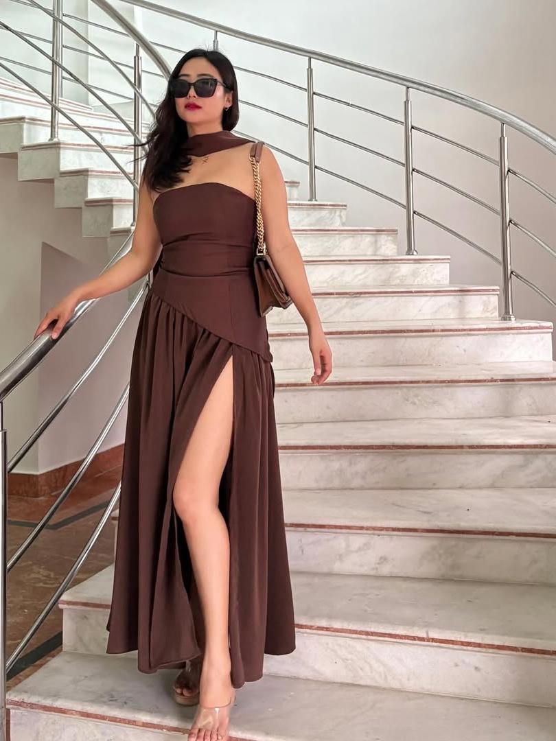 Sofia High Slit Asymmetric Tube Maxi Dress with Scarf