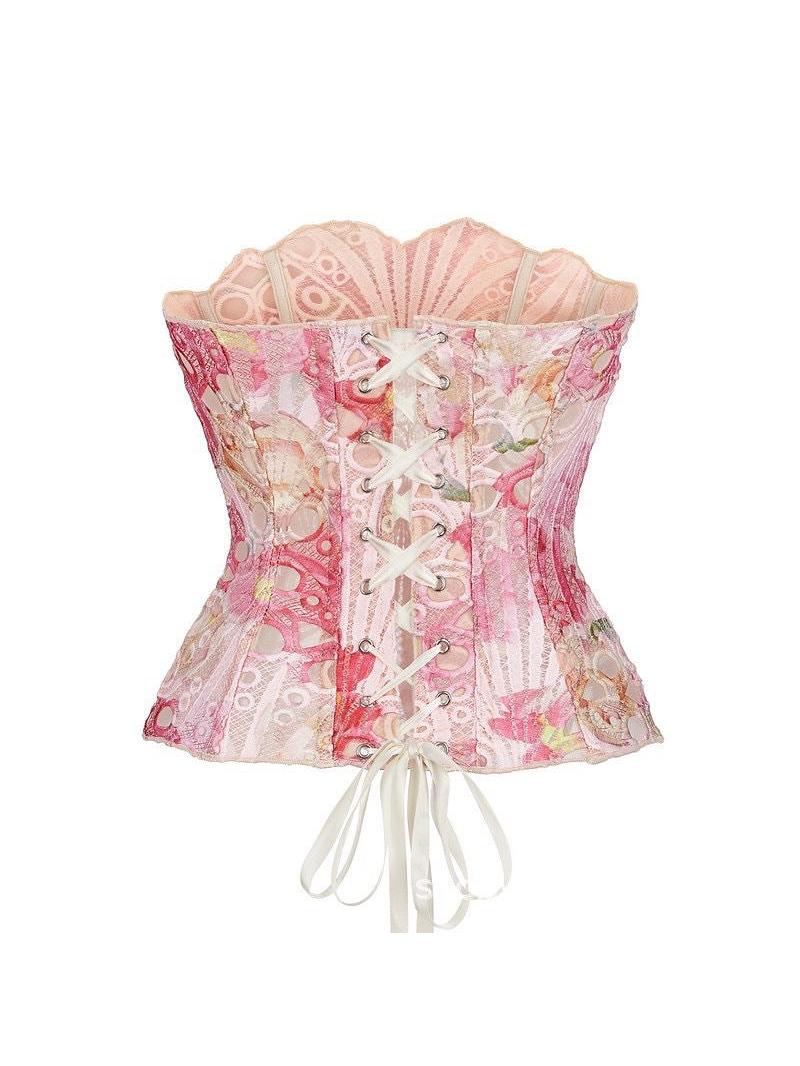 Pink printed mesh lace tube top with corset-style lacing and white satin ribbon back ties