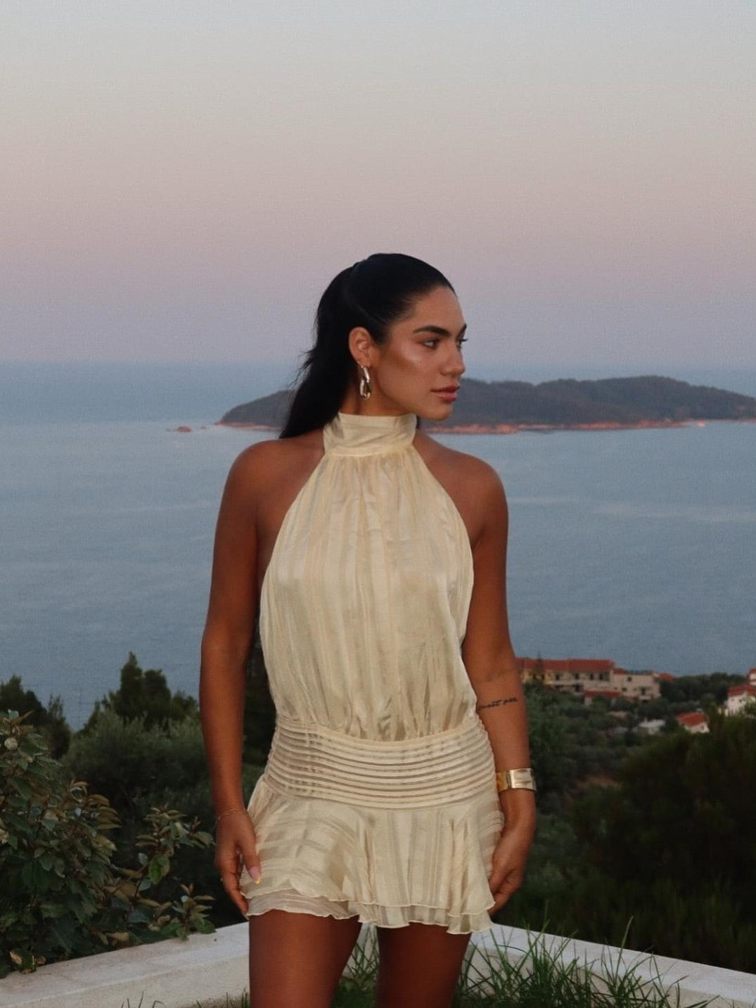 Halterneck Pleated Texture Short Dress