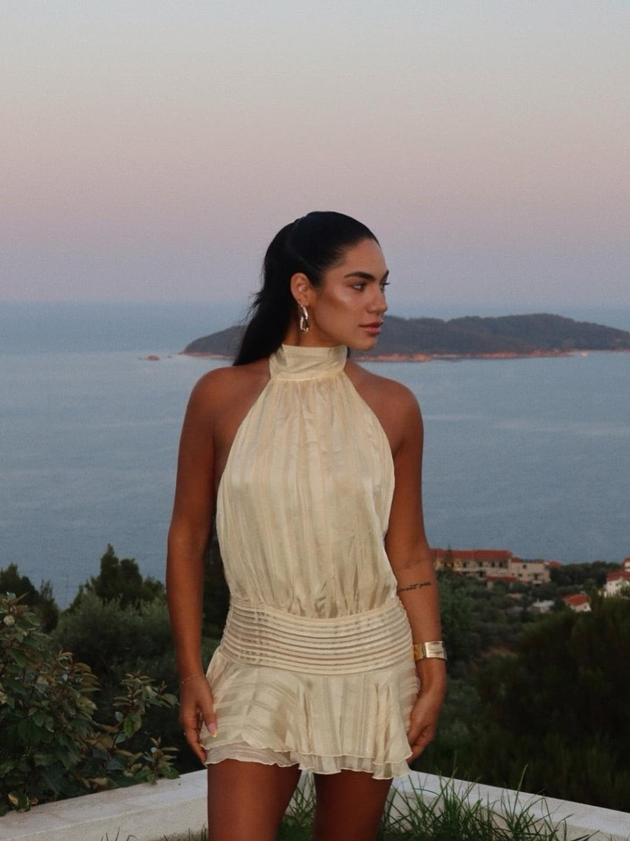 Halterneck Pleated Texture Short Dress