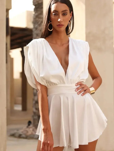 Deep V-neck Loose Satin Romper with ruffled shoulder