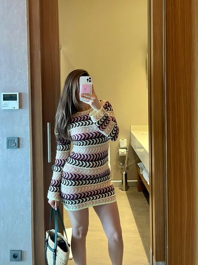 Geometric Print Full Sleeves Short Knit Dress