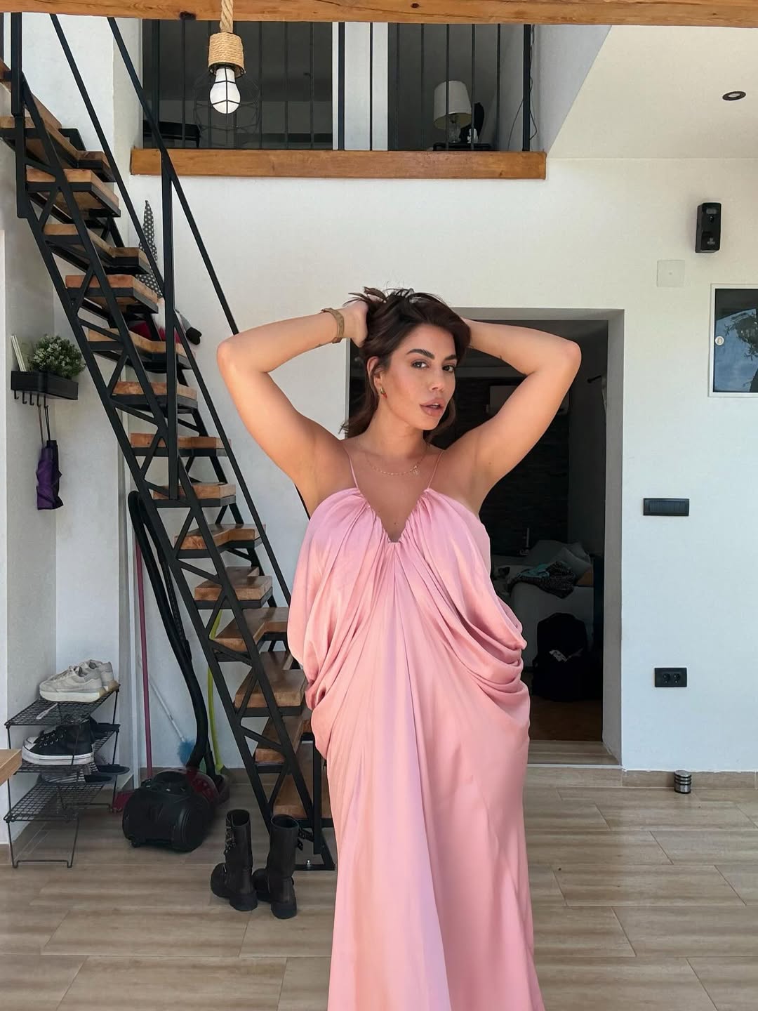 Spaghetti Strap V Neck Draped Ruffle Dress