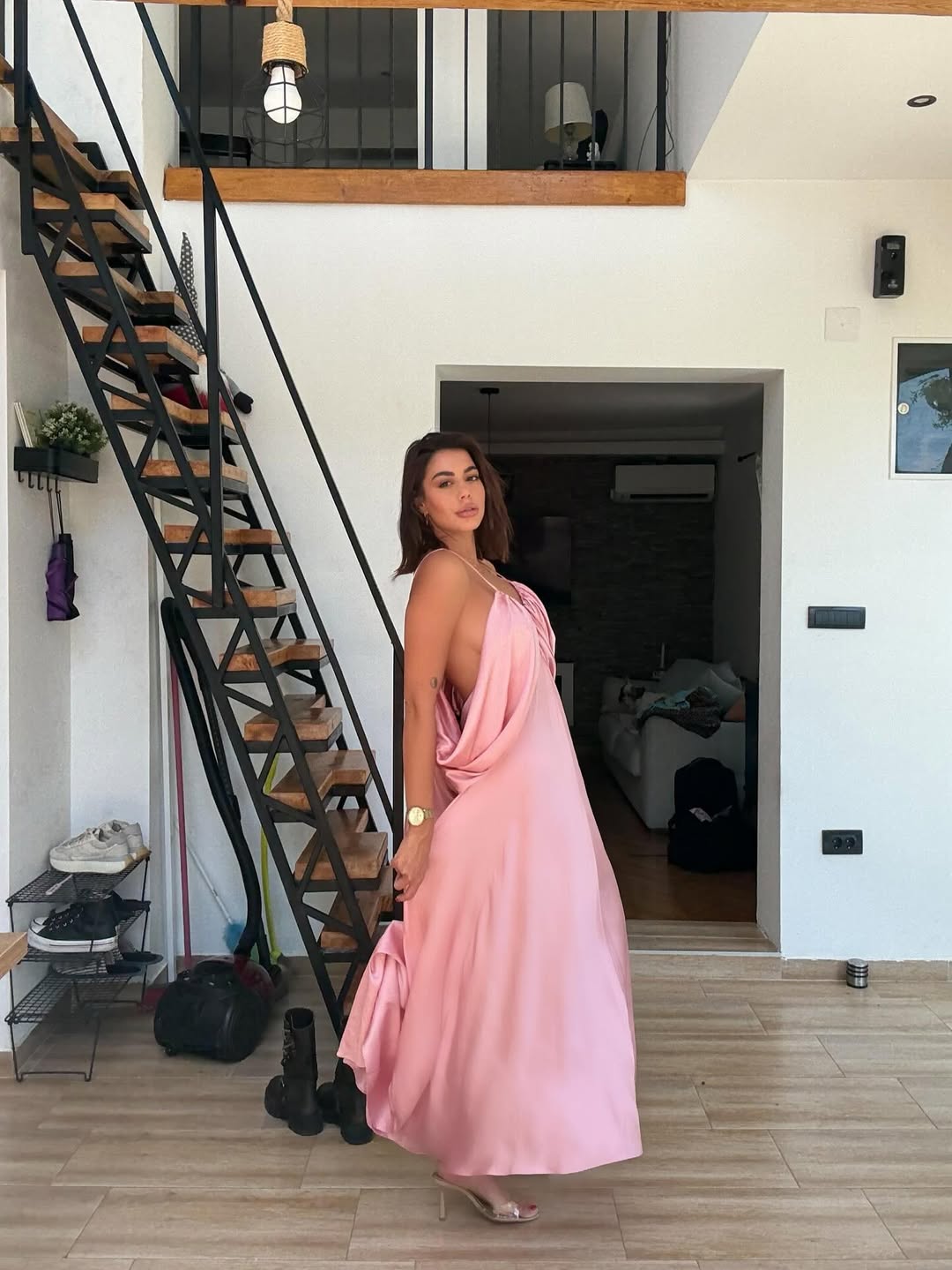 Spaghetti Strap V Neck Draped Ruffle Dress