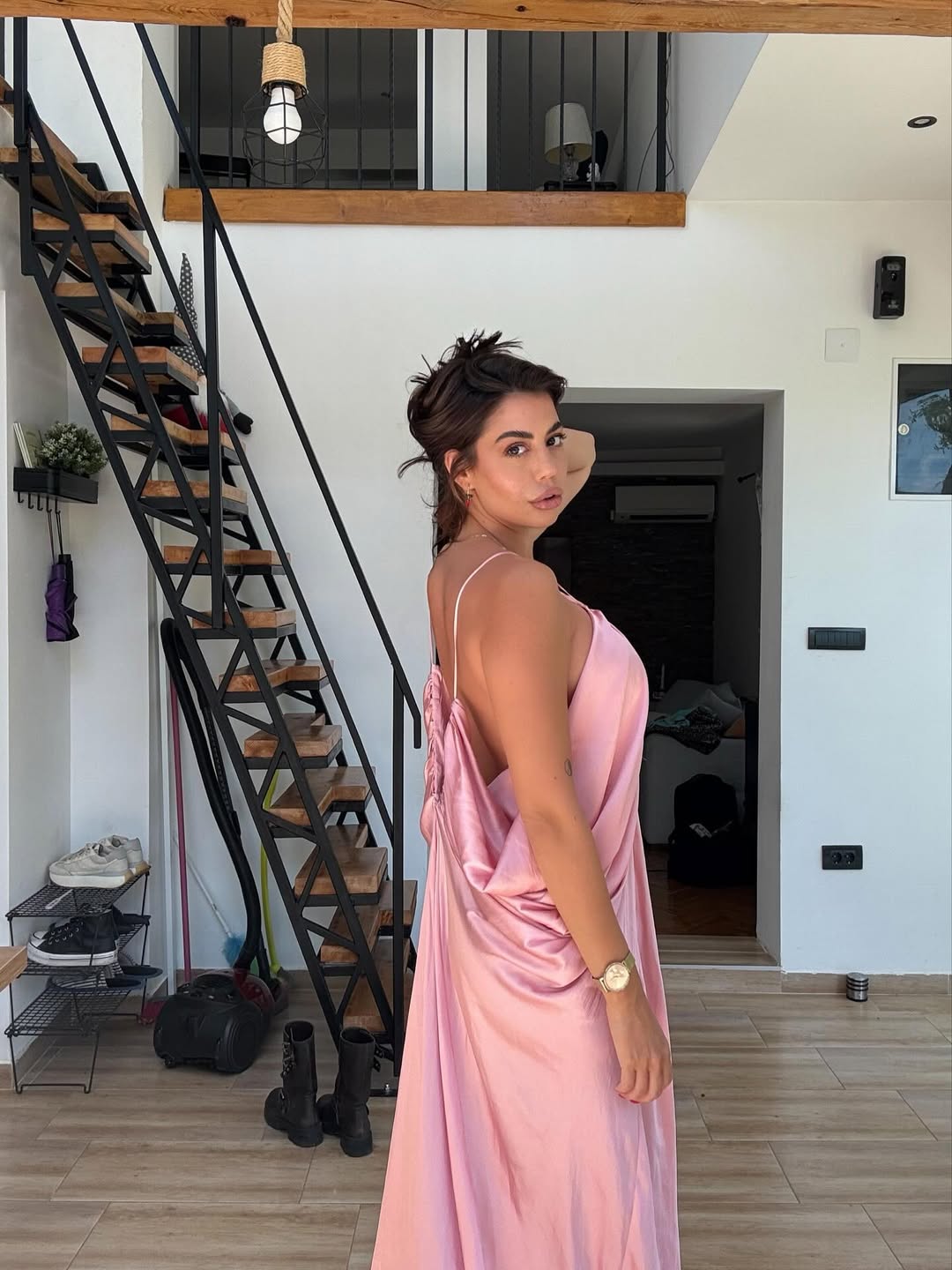 Spaghetti Strap V Neck Draped Ruffle Dress