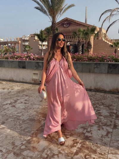 Spaghetti Strap V Neck Draped Ruffle Dress