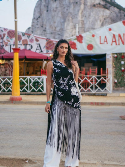 One Shoulder Asymmetric Embroidered Tassel Top