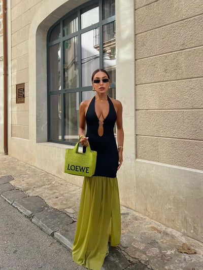 Deep V-Neck Backless Lace-Up Maxi Dress