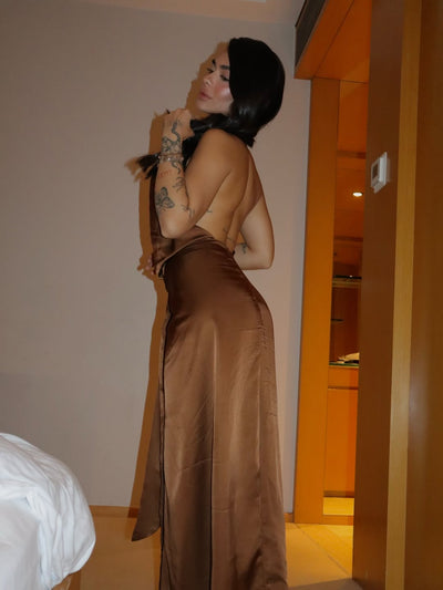 Brown Satin Halterneck Backless Slit Dress
