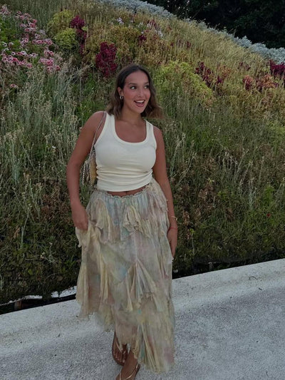 Sule Tie Dye Floral Ruffle Long Skirt