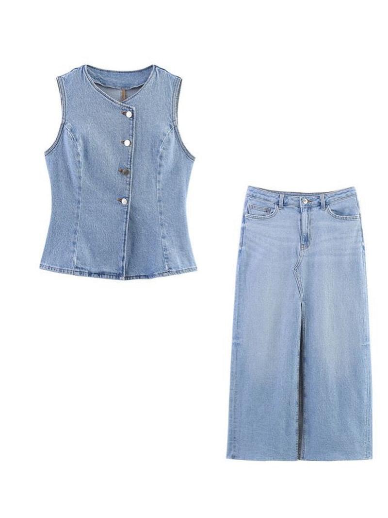 Mela Denim Vest & Slit Skirt Coord Set