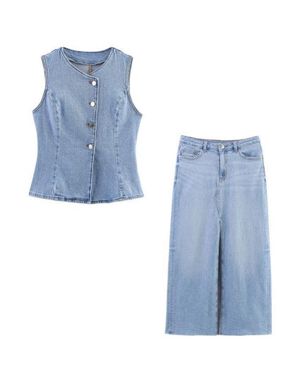 Mela Denim Vest & Slit Skirt Coord Set