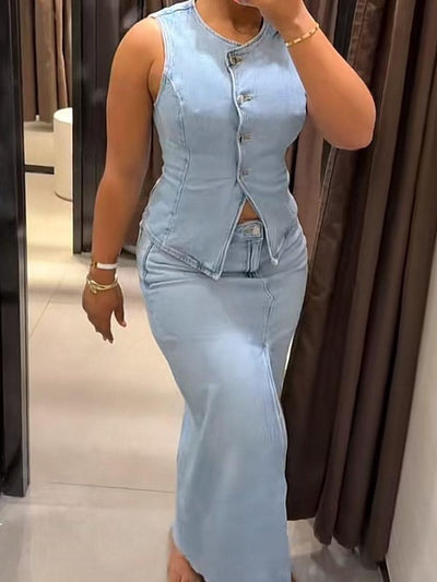 Mela Denim Vest & Slit Skirt Coord Set