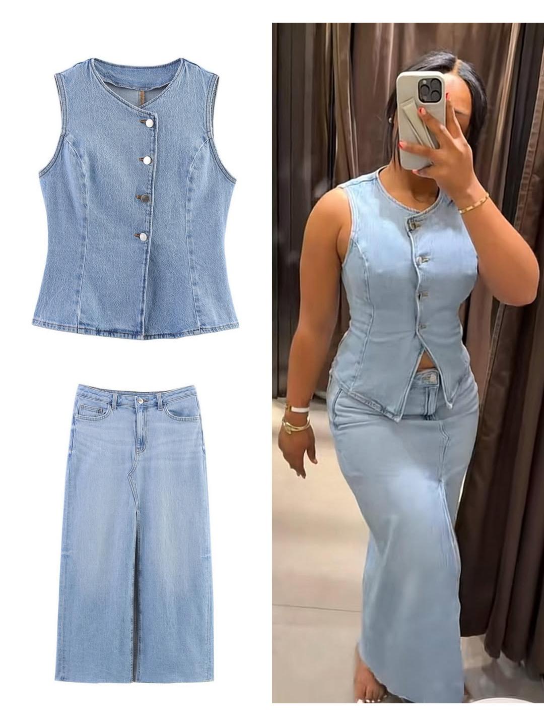 Mela Denim Vest & Slit Skirt Coord Set