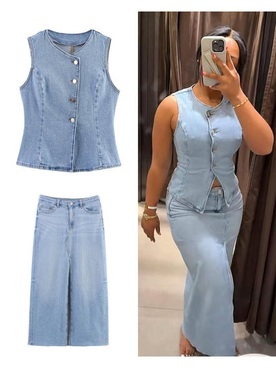 Mela Denim Vest & Slit Skirt Coord Set