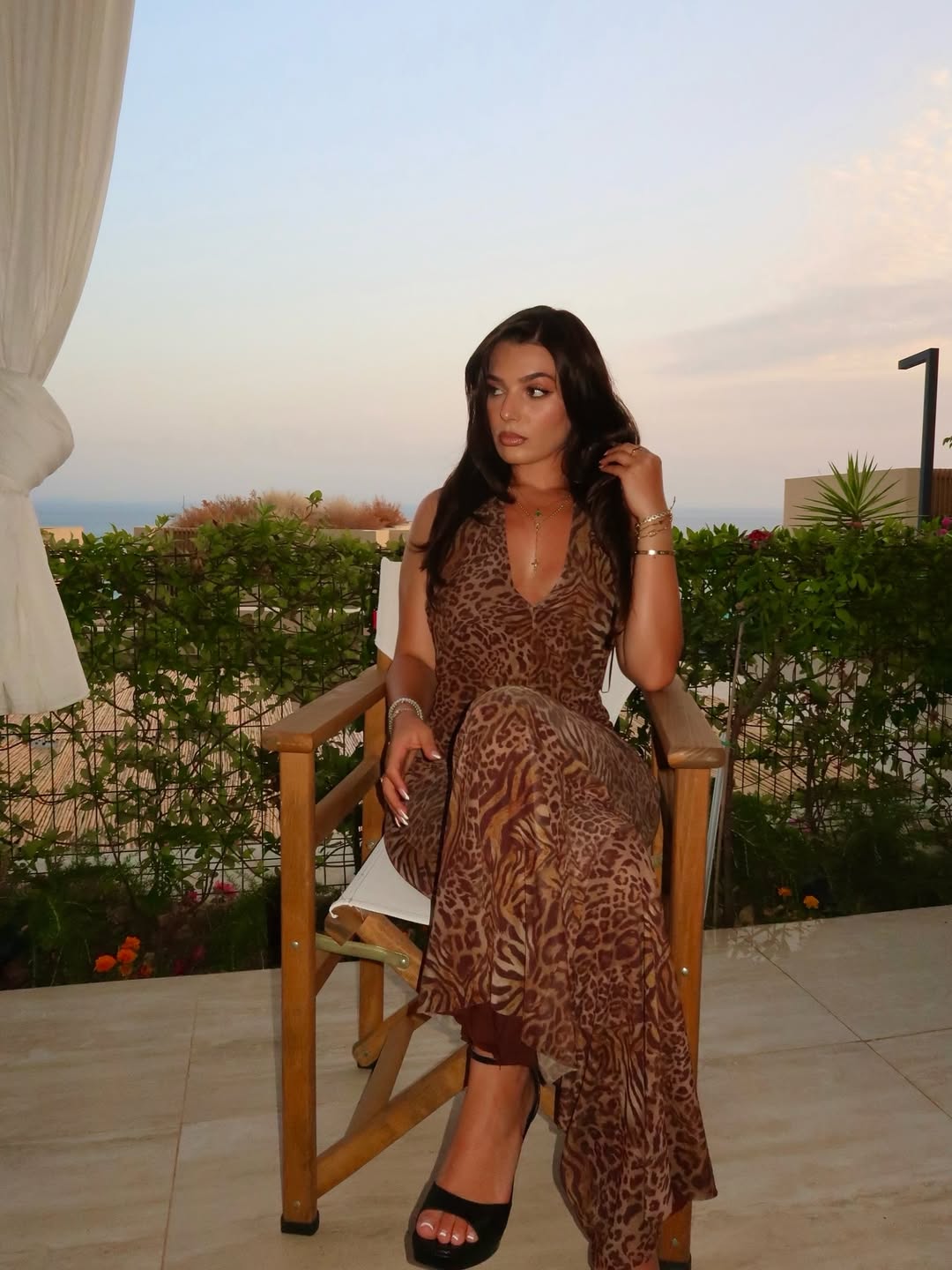 Halterneck Backless Wide Leg V Neck Animal Print Jumpsuit