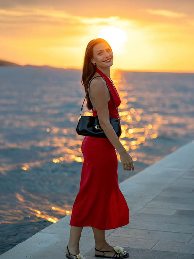 Halterneck Side Slit Red Midi Dress