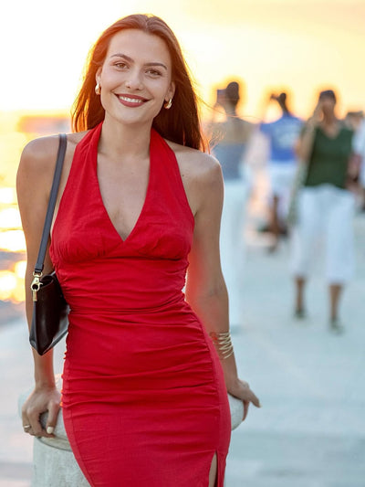 Halterneck Side Slit Red Midi Dress
