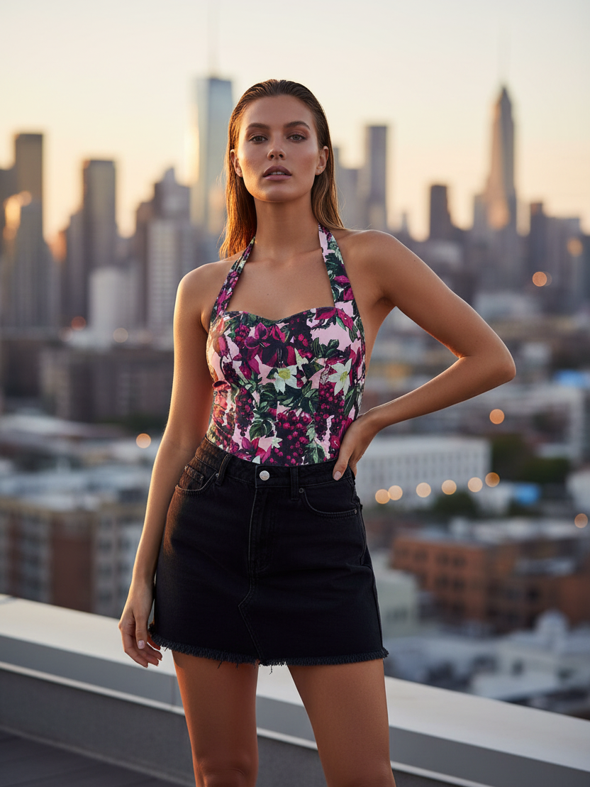 Floral Print Halterneck Bodysuit by Exclusives on sale; vibrant pink/green floral pattern on model against city skyline
