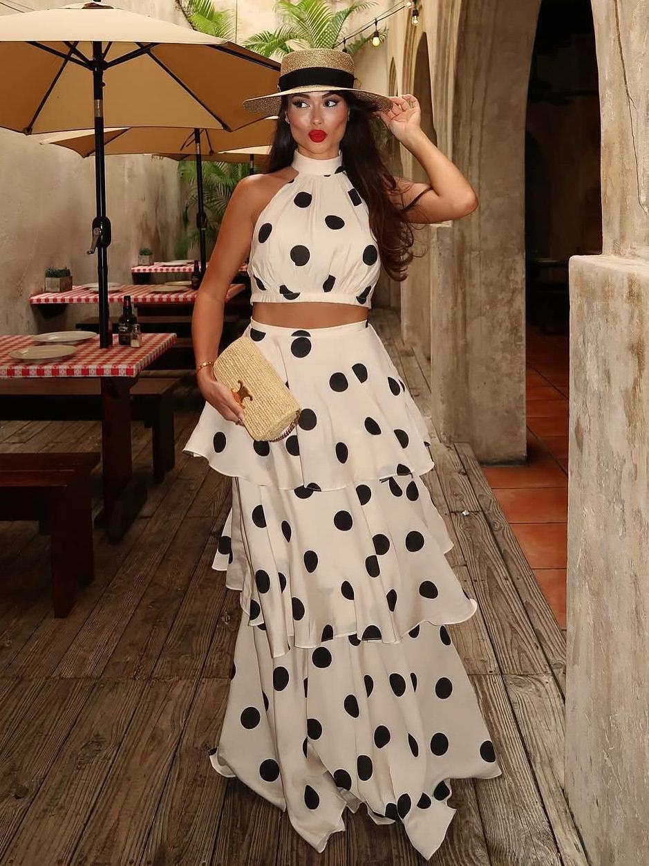 Halterneck Ruffle Crop Top & Long Skirt Coord Set