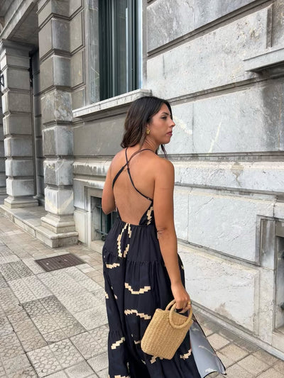Geometric Tribal Print Deep Neck Backless Maxi Dress