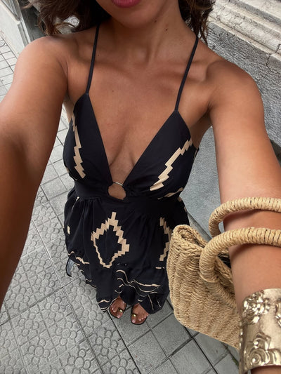 Geometric Tribal Print Deep Neck Backless Maxi Dress