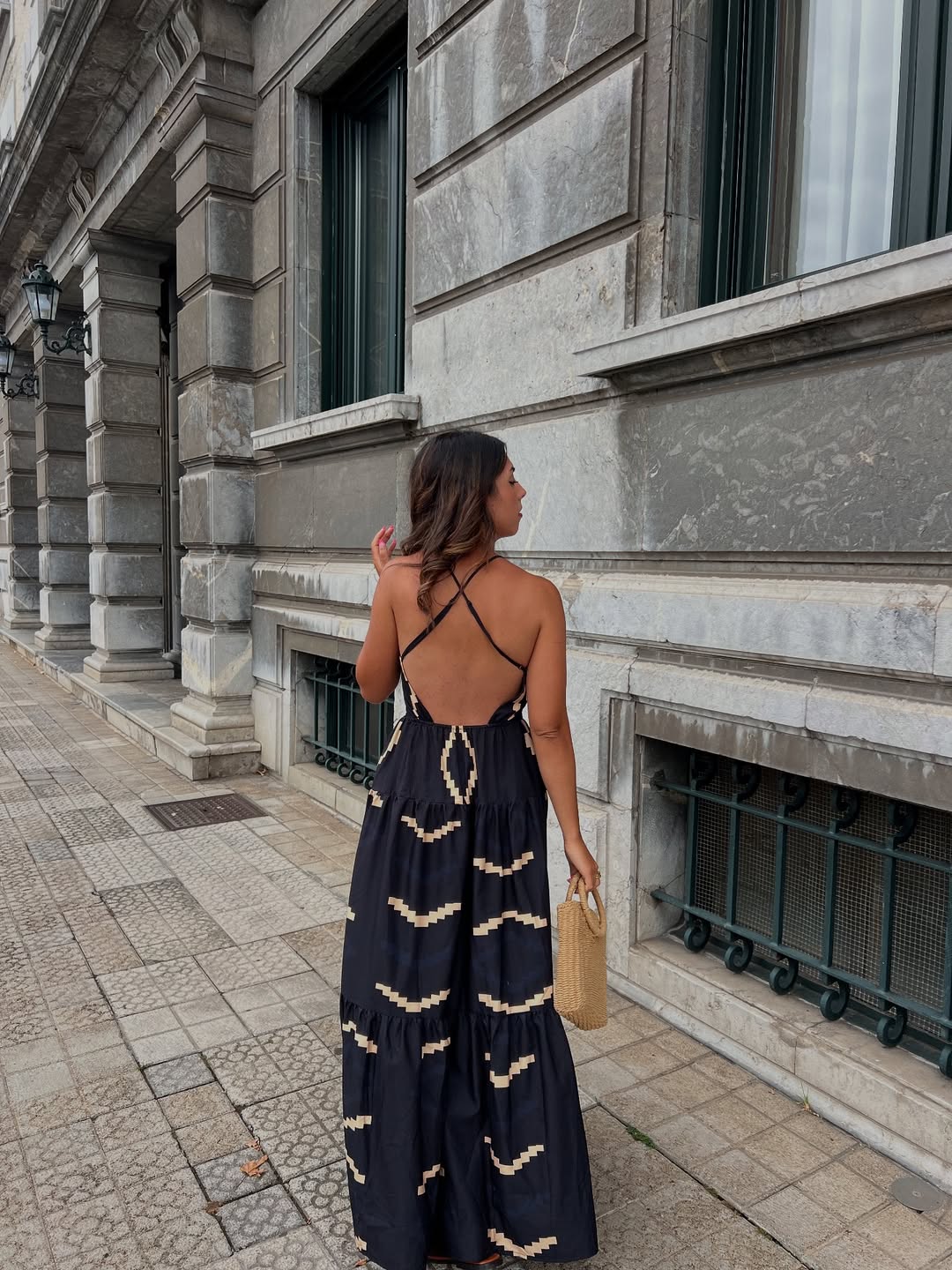 Geometric Tribal Print Deep Neck Backless Maxi Dress