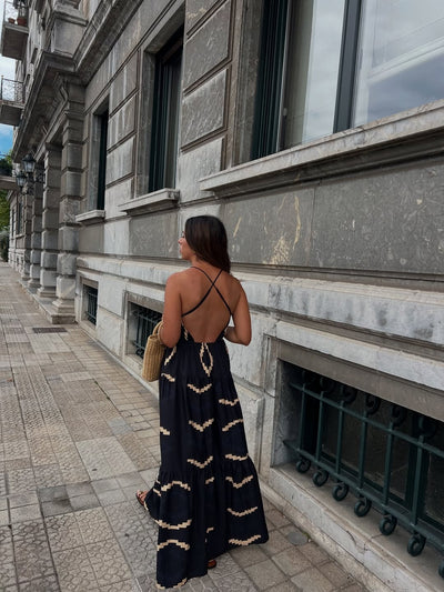 Geometric Tribal Print Deep Neck Backless Maxi Dress