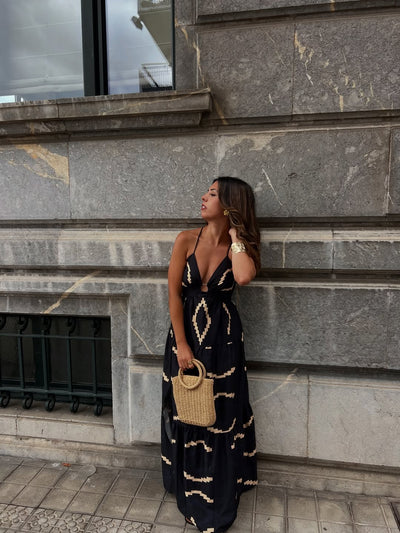 Geometric Tribal Print Deep Neck Backless Maxi Dress
