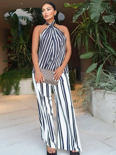 Striped Halterneck Top & Pants Coord Set