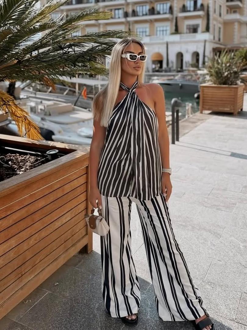 Striped Halterneck Top & Pants Coord Set