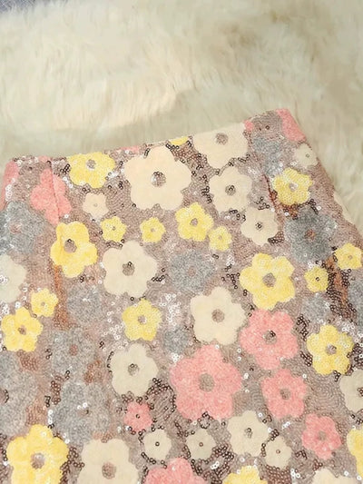 Flower Print Sequins Midi Skirt