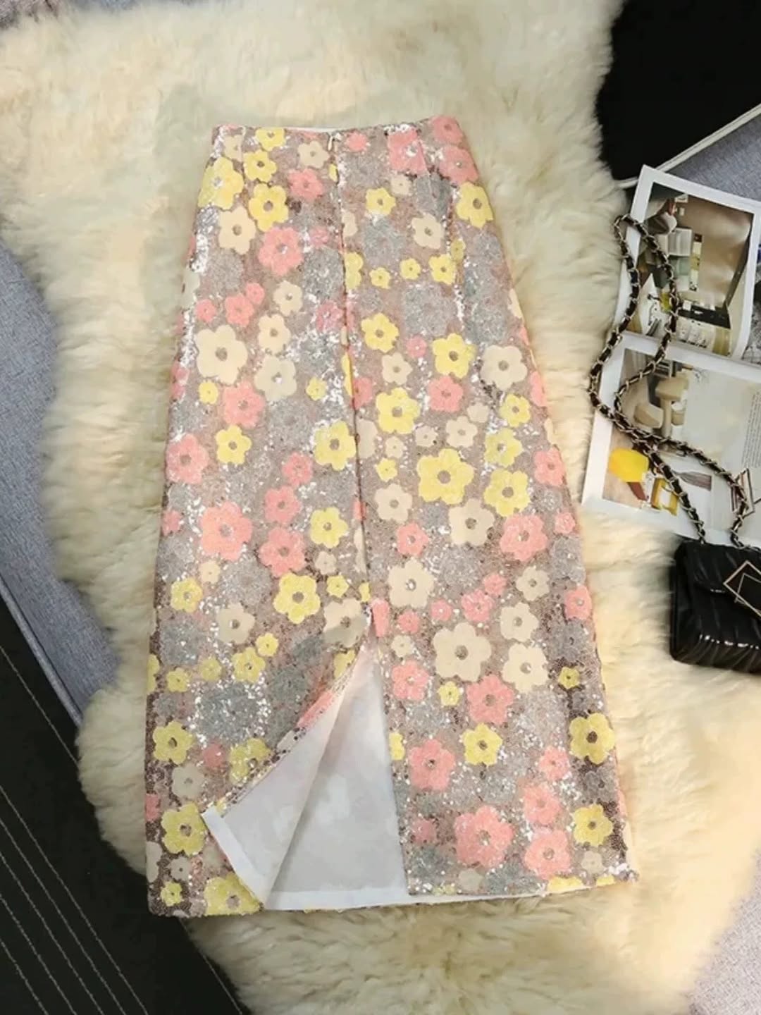 Flower Print Sequins Midi Skirt