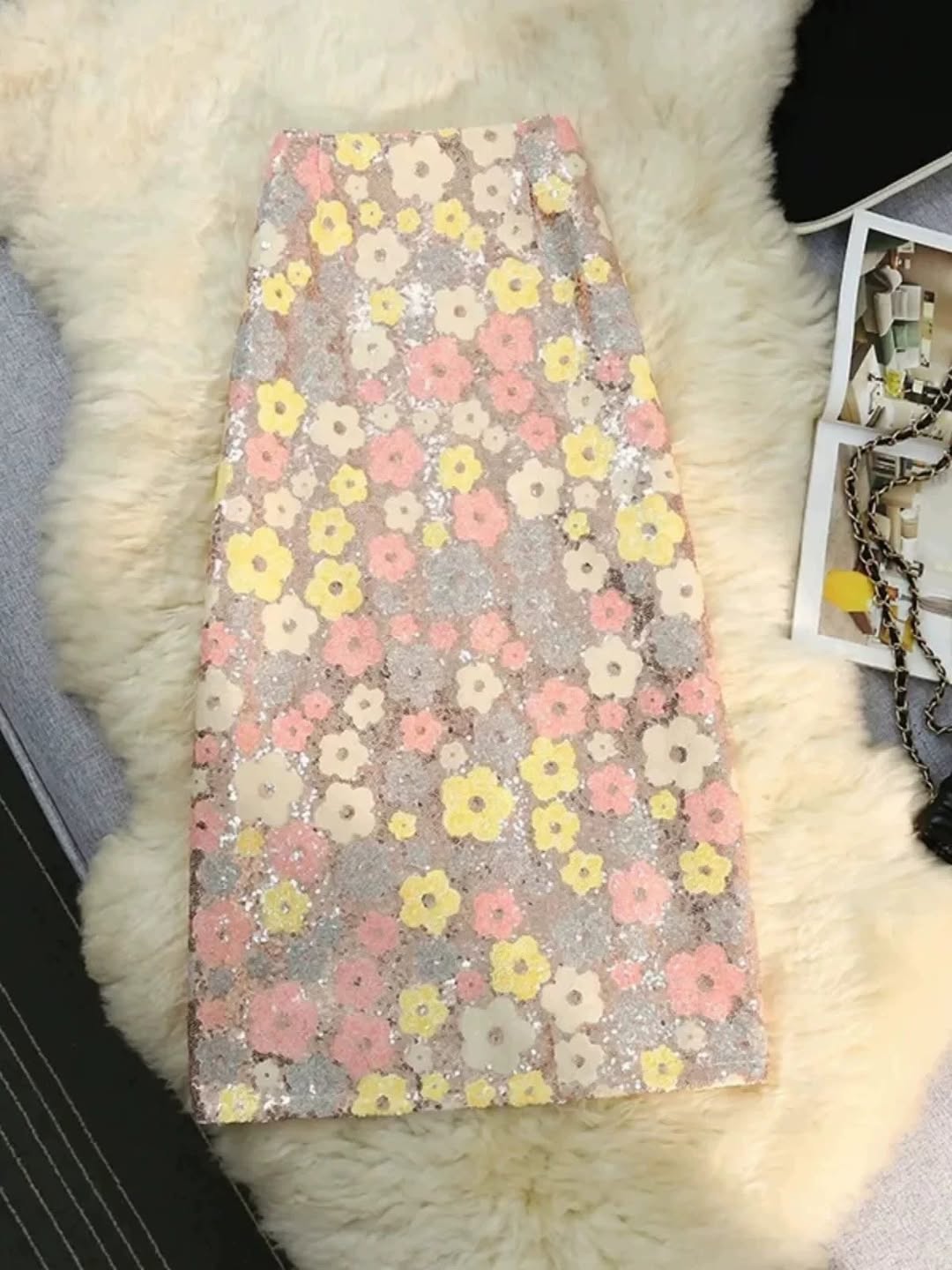 Flower Print Sequins Midi Skirt