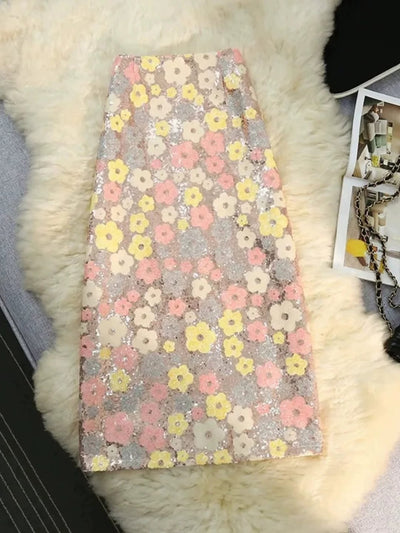 Flower Print Sequins Midi Skirt